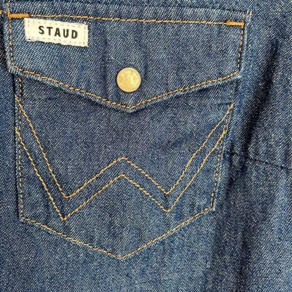 Wrangler +Staud Women's Denim Pearl Snap western cowboy button down sz Medium - Picture 3 of 14